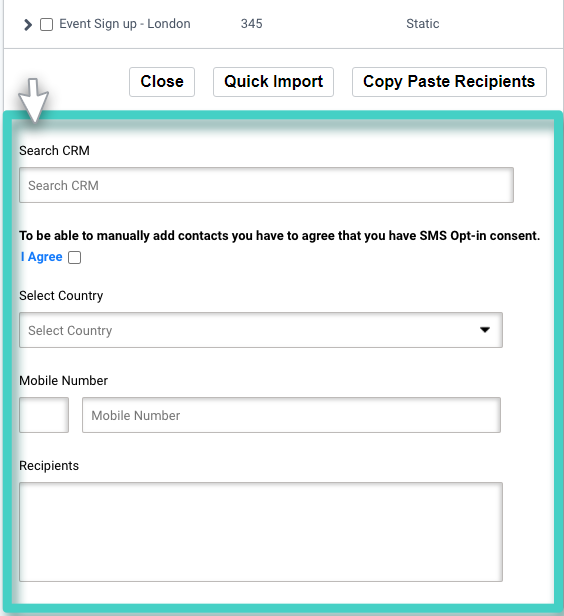 SMS campaign recipients. Add recipients manually extension. Search CRM option