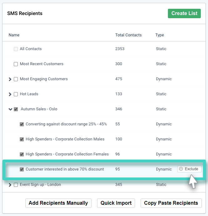 SMS campaign recipients. Lists overview. The exclude button in the list is highlighted