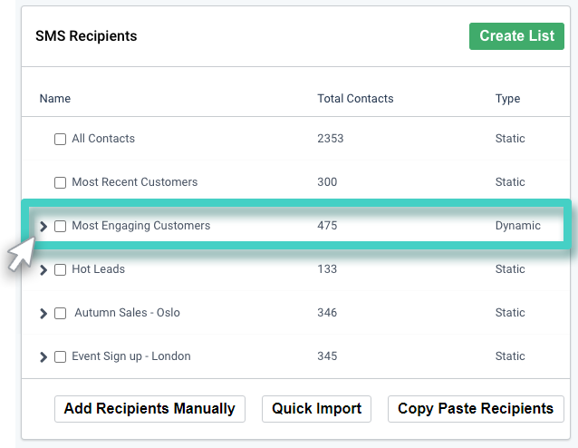 SMS campaign recipients. Lists overview. A list is highlighted