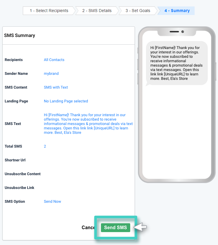 SMS campaign sending, SMS summary. The send SMS button is highlighted