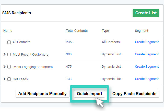 SMS Quick Import option. Quick Import is highlighted