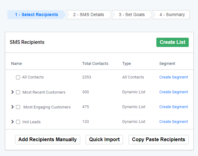 SMS Recipients list. List of contacts is visible