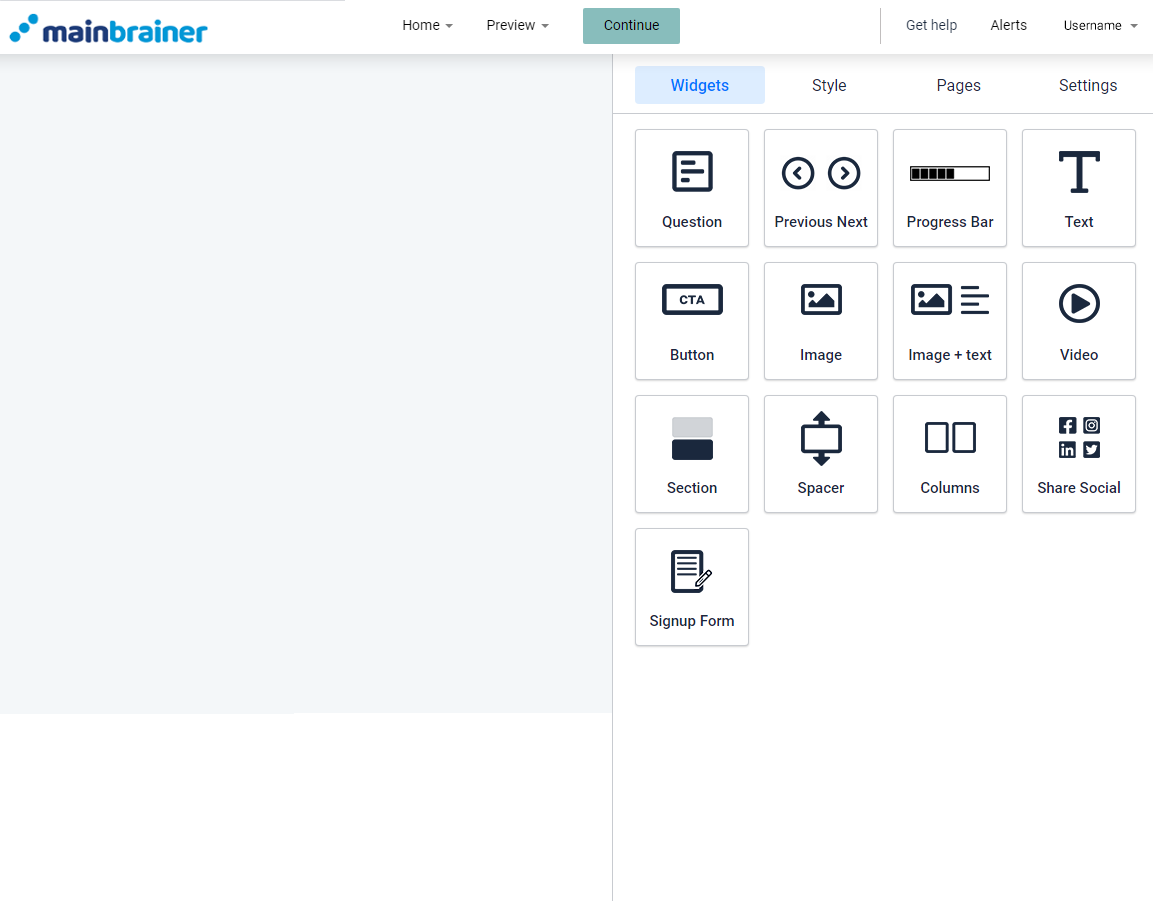 Survey creator work area. All the widgets are visible