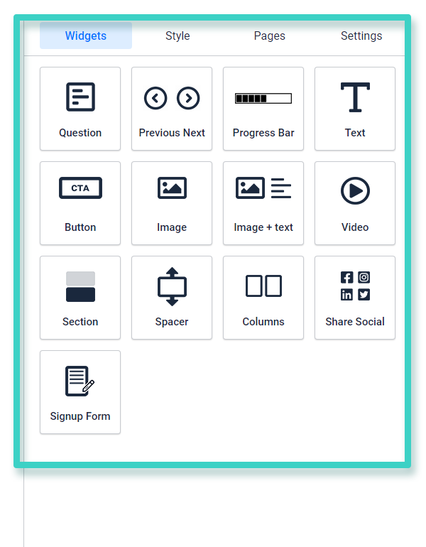 Survey creator. The different widgets are highlighted