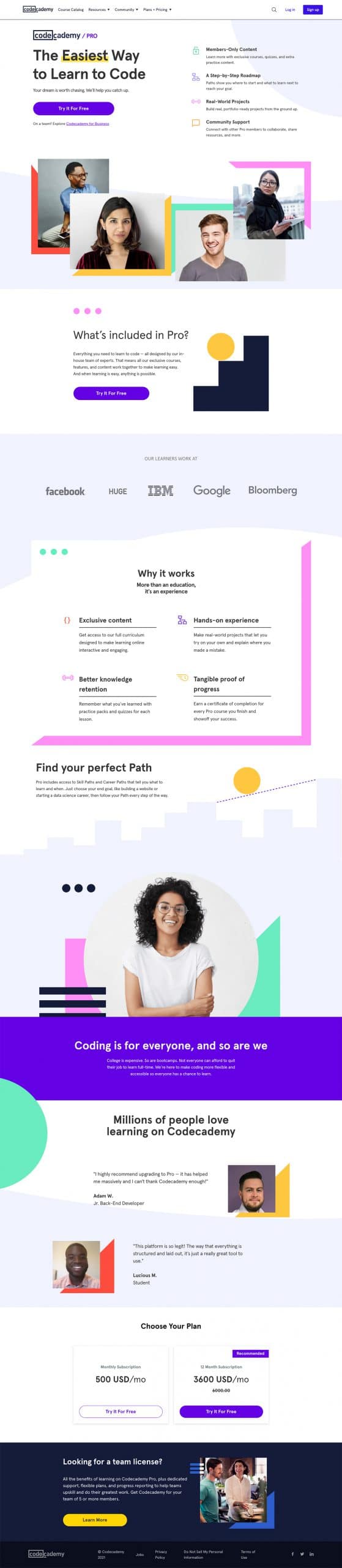 Codeacademy landing page, try it for free