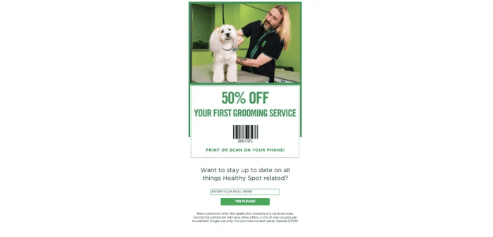 Coupon, 50 percent of your first grooming service