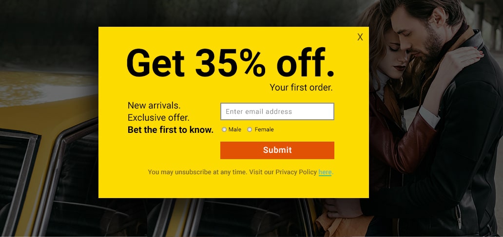 First order discount squeeze page, pop-up
