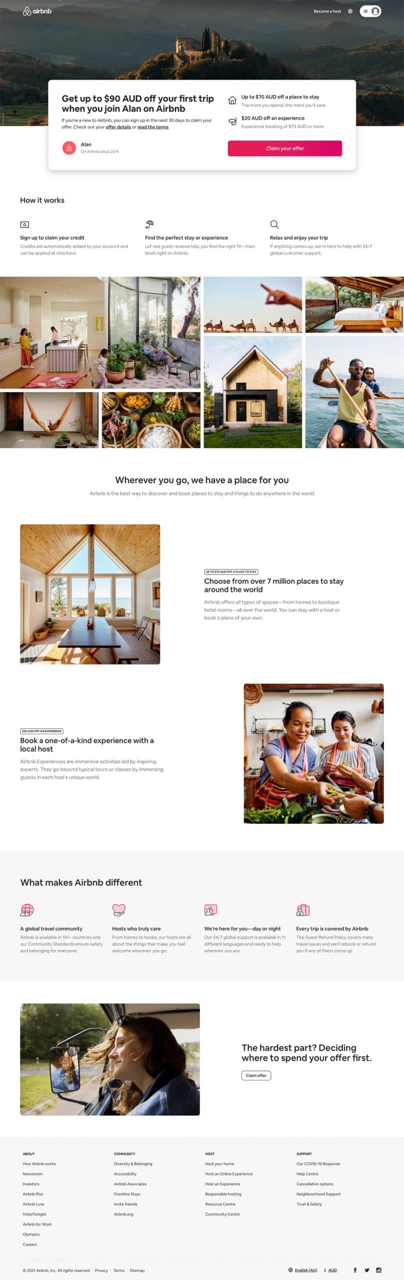 Airbnb landing page, claim your offer when ordering your trip