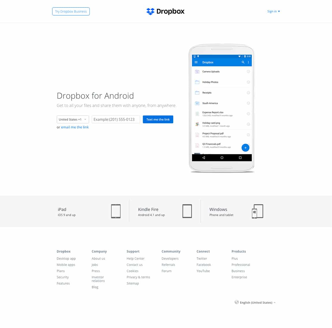 Dropbox landing page, text link for dropbox for android