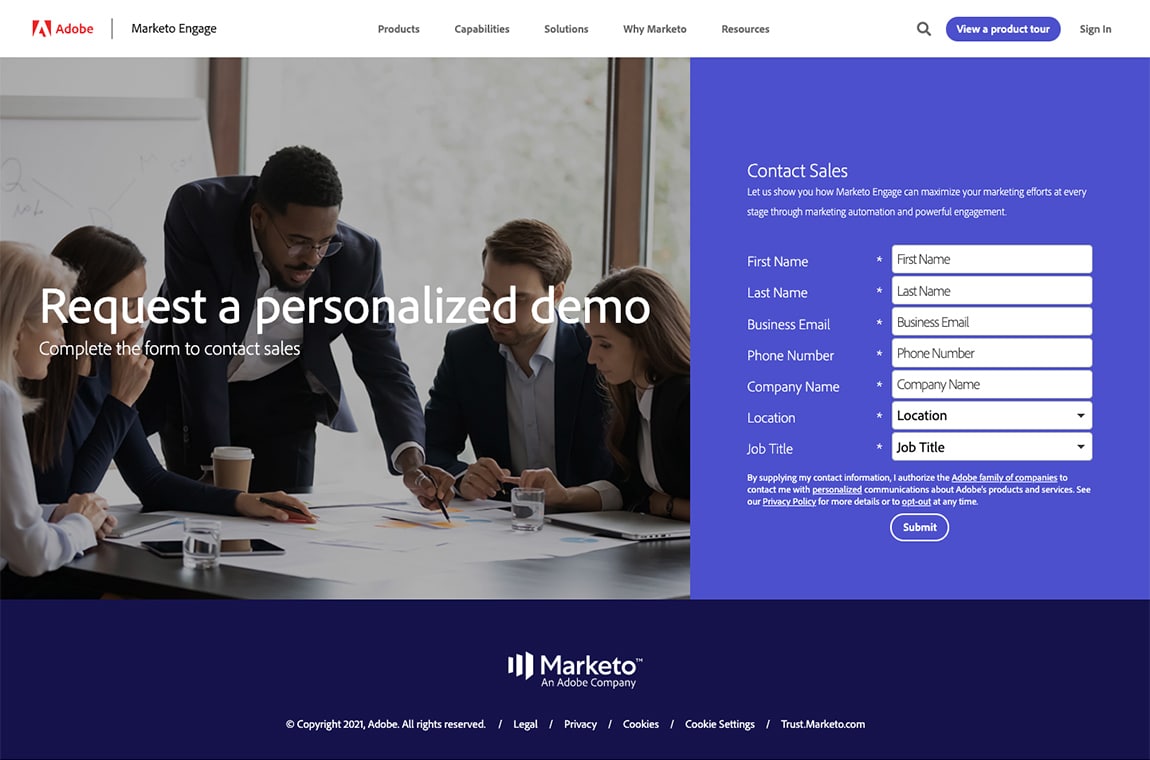 Marketo landing page, signup to contact sales