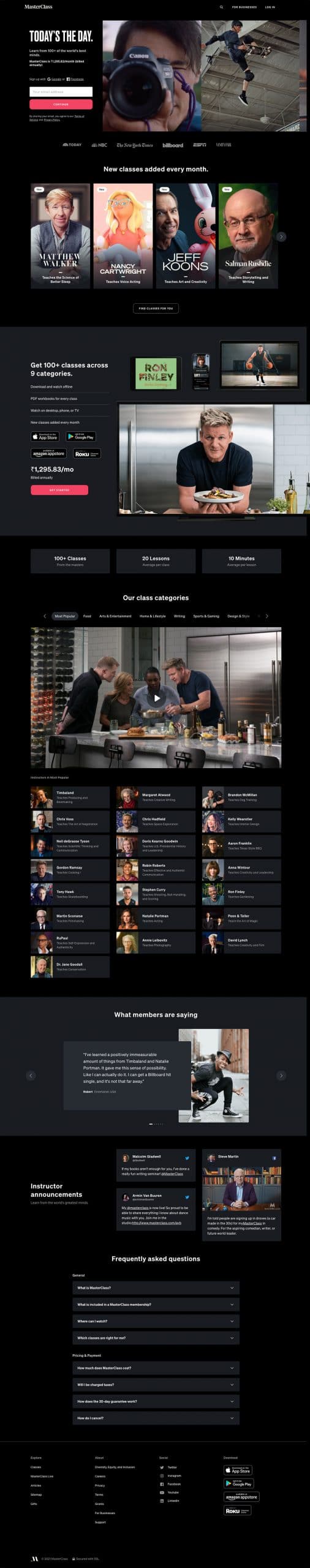 Masterclass landing page, sign up for online classes