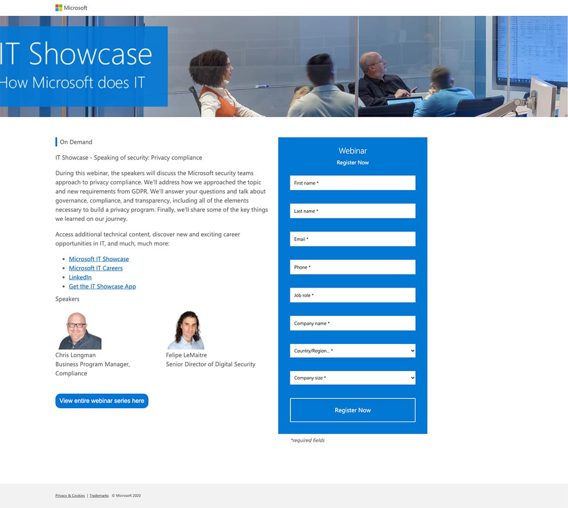 Microsoft landing page, sign up for webinar