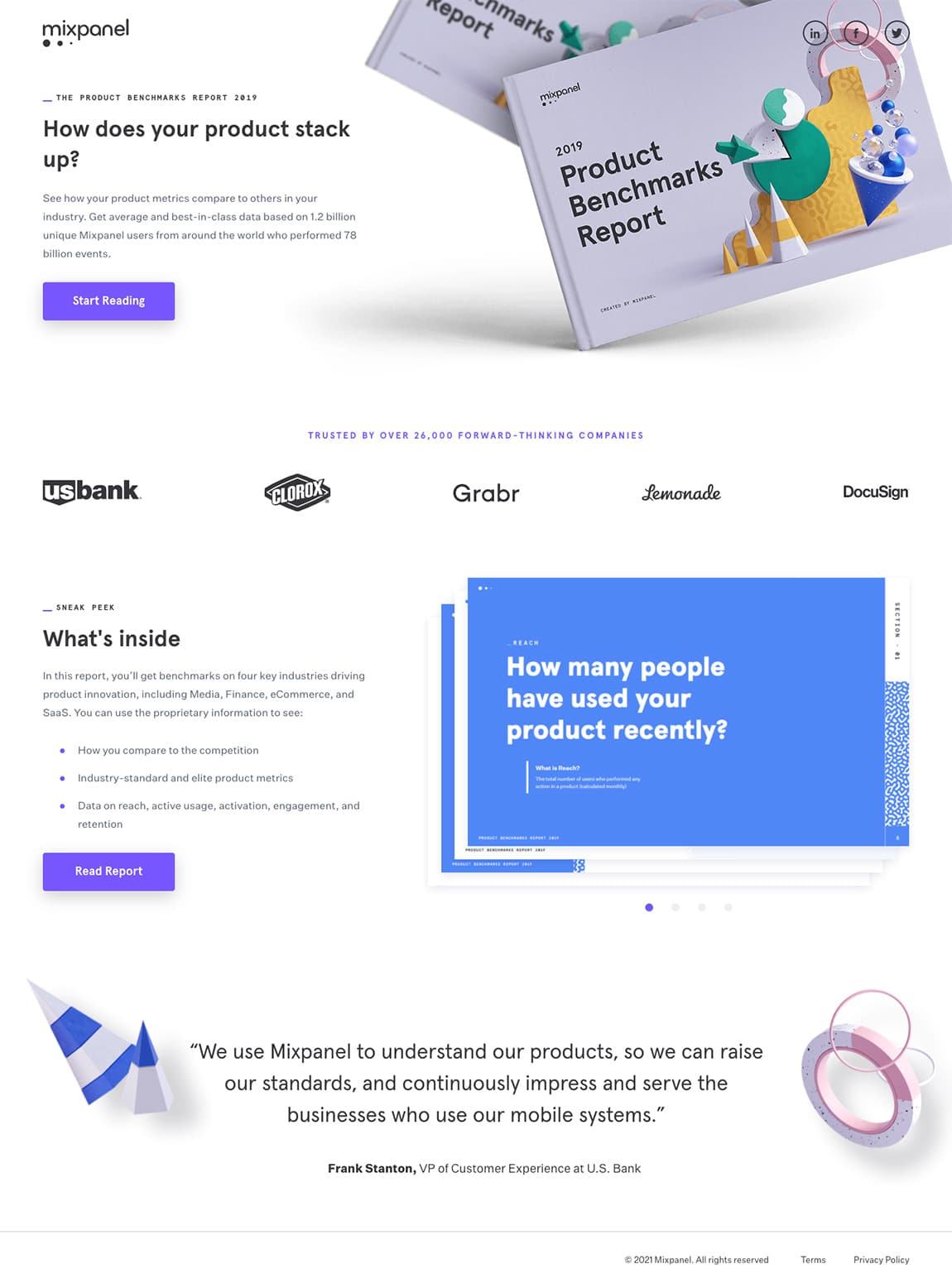 Mixpanel landing page, product benchmarks reports summary