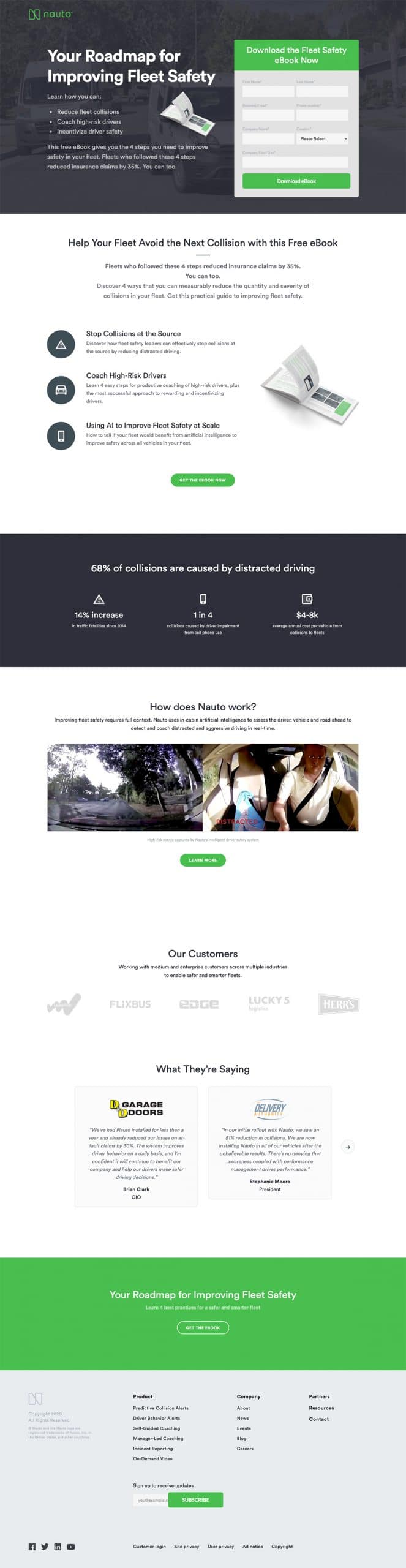 Nauto landing page, download fleet safety ebook now