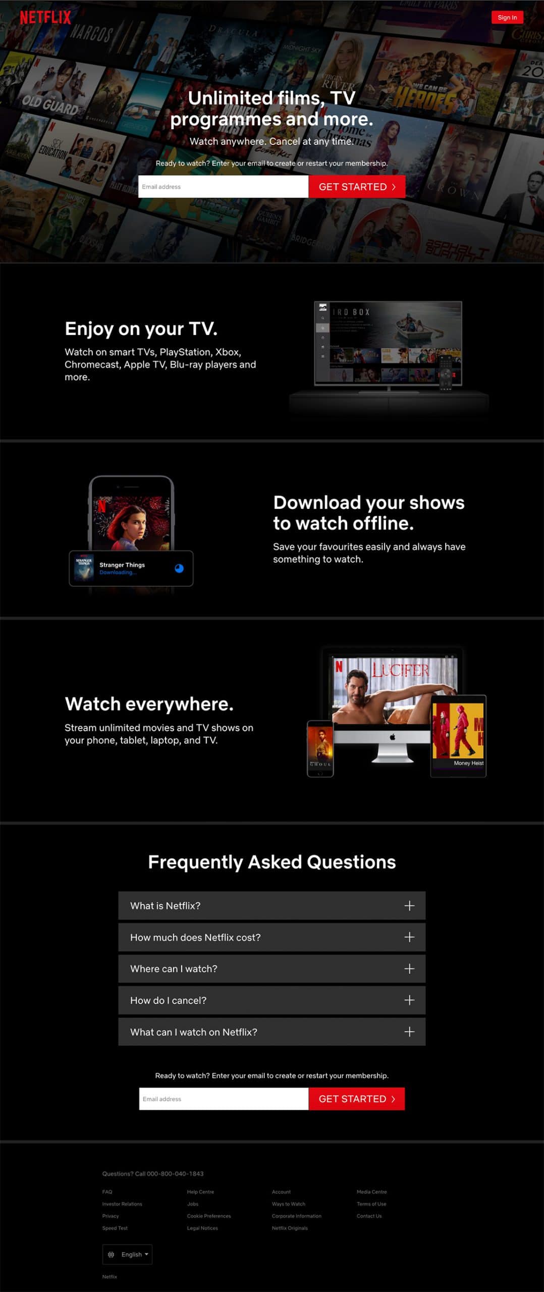 Netflix landing page, email signup get started