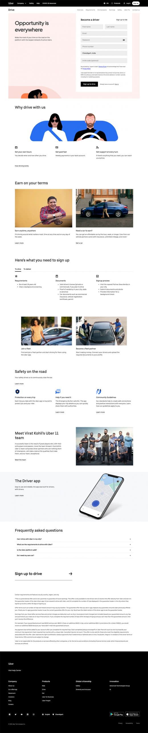 Uber landing page, signup to become a driver