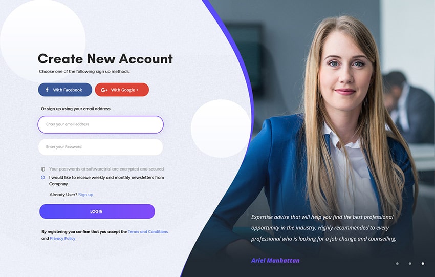 Landing page with signup form for account creation