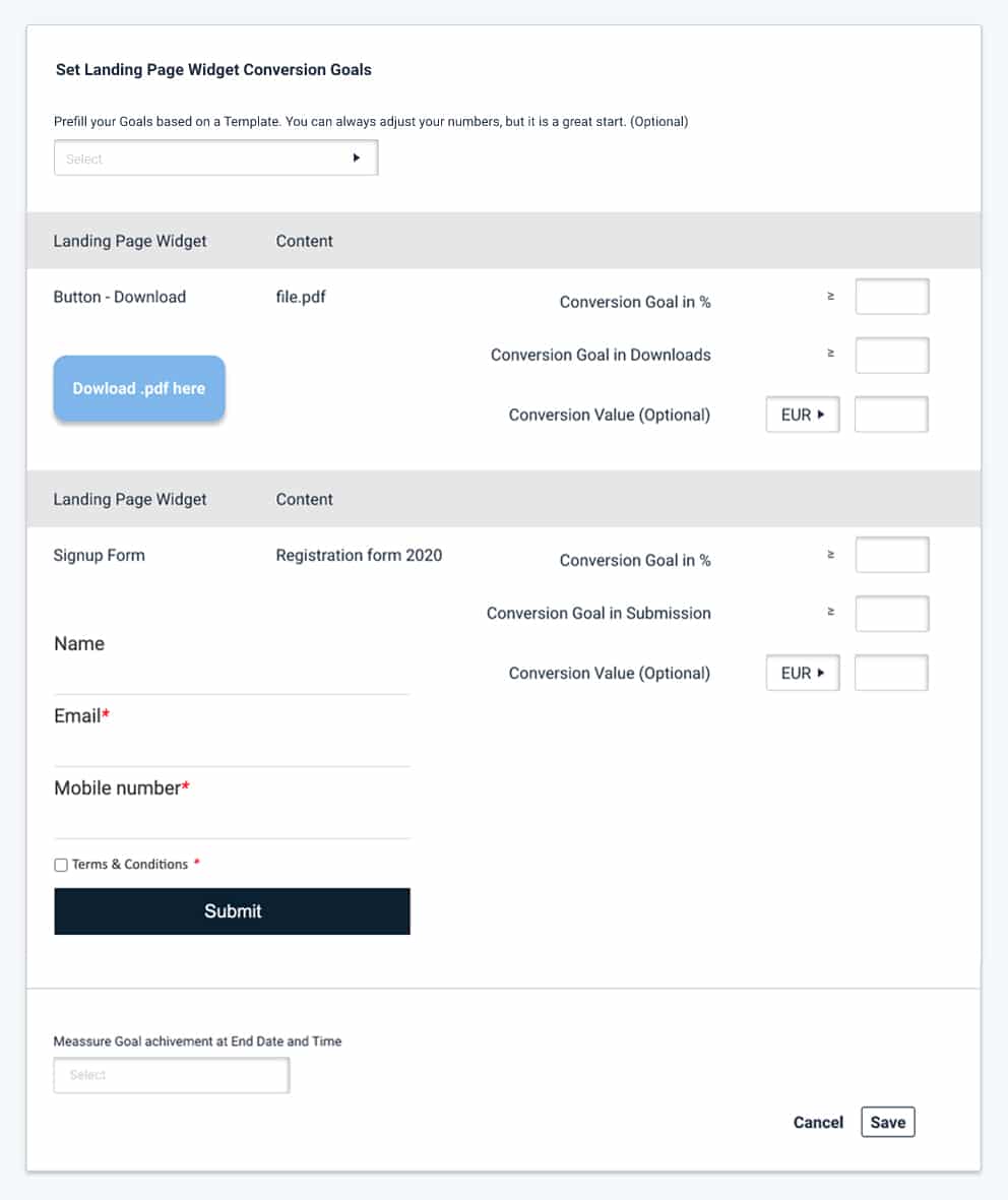 Set landing page conversion goals as percent or quantity for landing page items