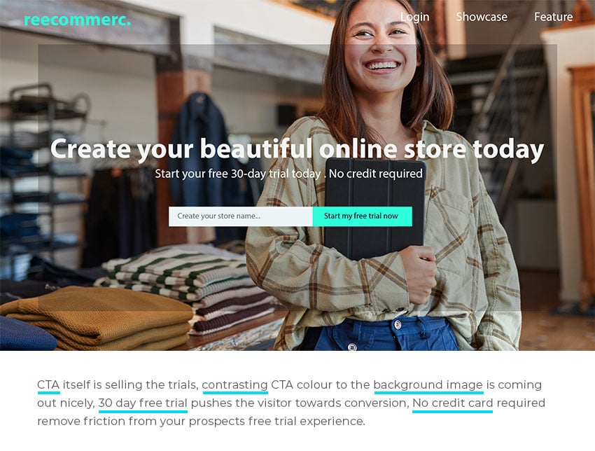 Reecommerce landing page, free trial signup