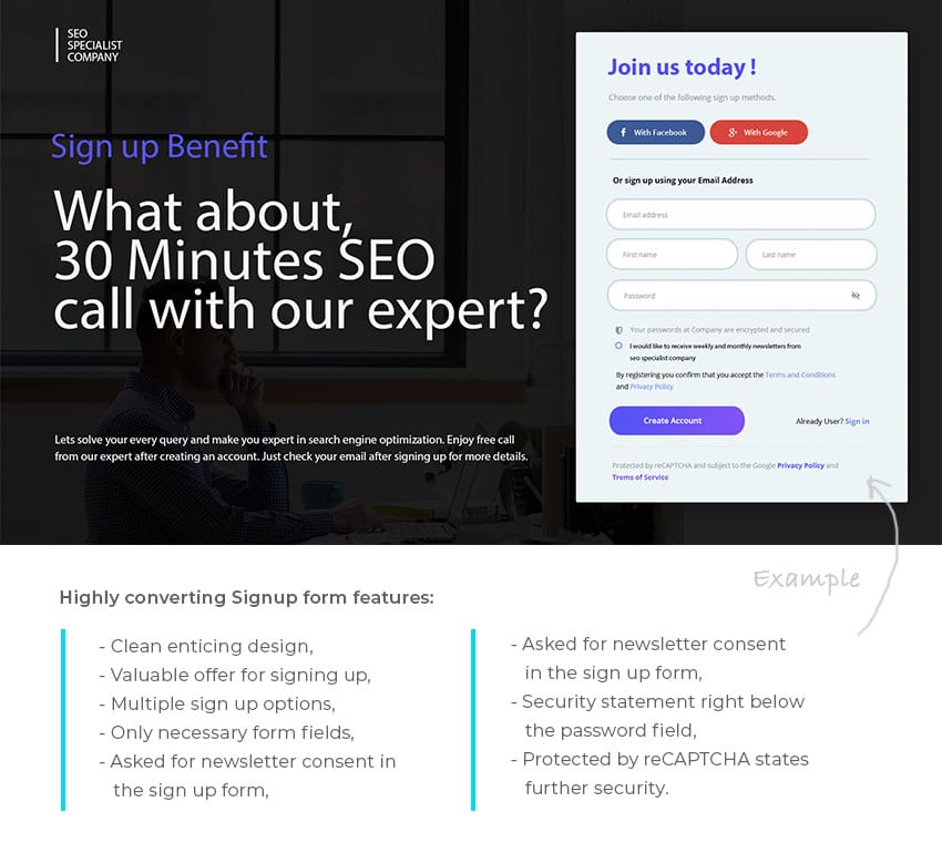 Seo website landing page, sign up for call with seo expert
