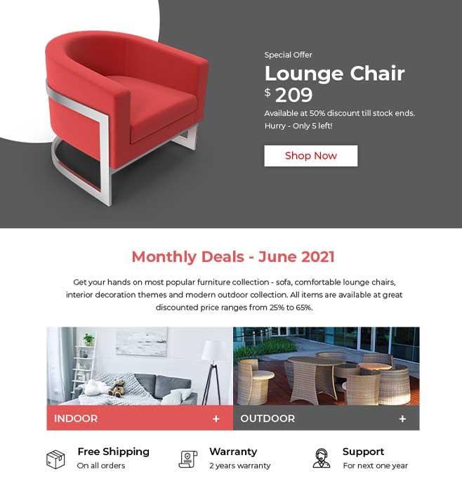 Newsletter email campaign offering the Monthly deals