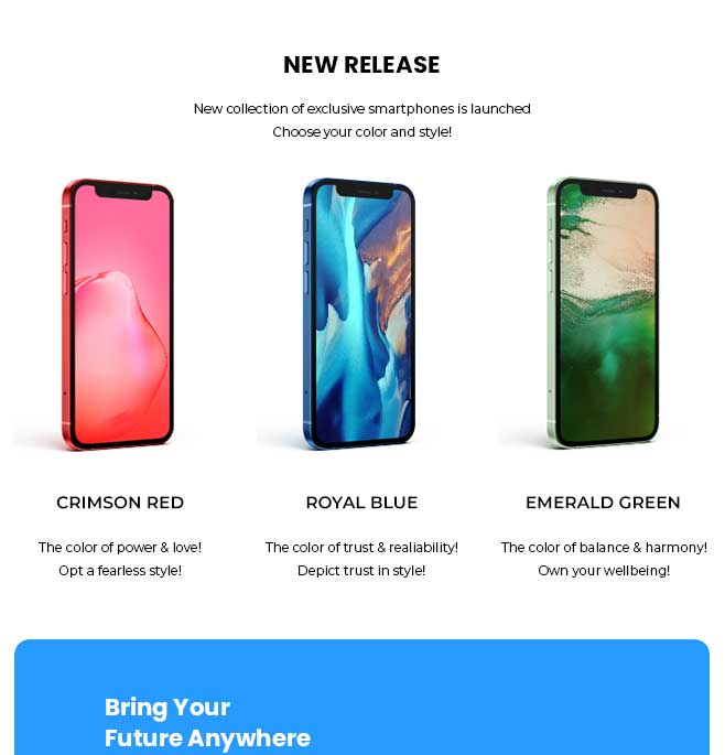 Product announcement of new release of mobile phones in different colors