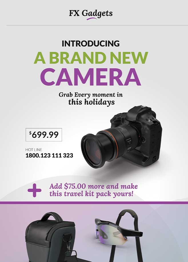 Email campaign offering new camera with upselling traveling kit