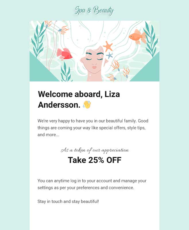 Welcome email offering 25 percent discount