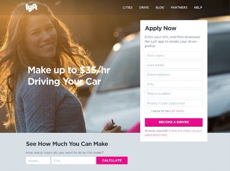 Website landing page example of Lyft