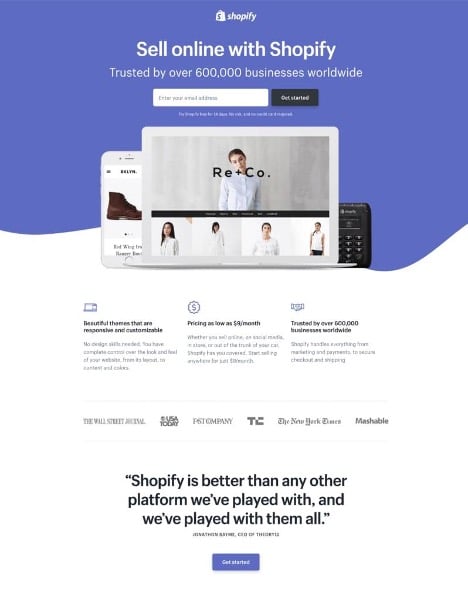Website landing page example of Shopify