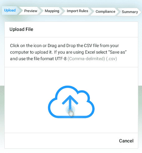 Upload or drag and drop Excel CSV file for contact import