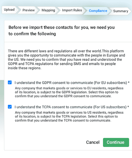 Importing contacts, confirm that you understand GDPR and TCPA compliance rules