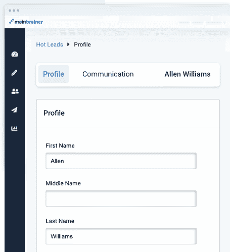 CRM profile first name, middle name and last name with communication tab