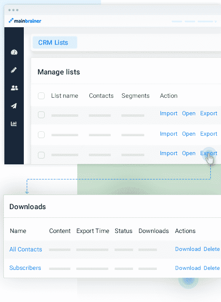 MainBrainer CRM list export download all contacts list or subscribers