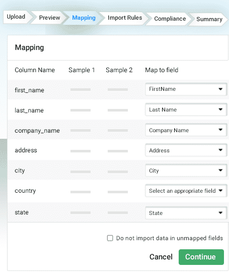 Mapping of imported data to CRM fields